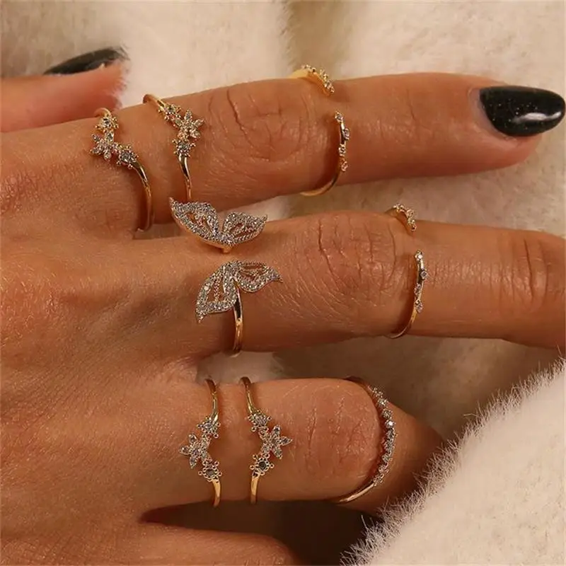 Vintage Boho Crystal Butterfly Rings Set For Women Zircon Leaves Stars Geometric Knuckle Finger Ring Wedding Party Jewelry Gifts