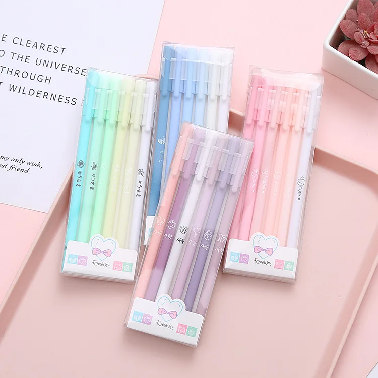 6pcs/set Cheap And Cost-effective Students Cartoon 0.5mm Morandi Gel Ink Pen