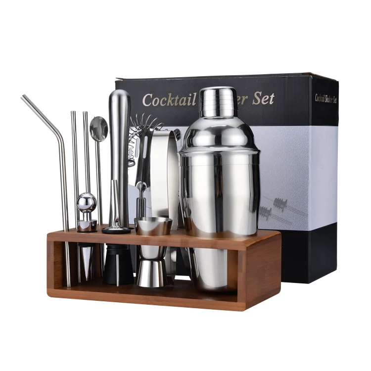 
Amazon top seller 550ml 18oz bamboo stand 13-piece stainless steel cocktail shaker set 
