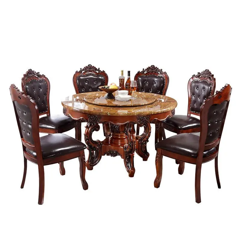 Best Sale America Style Hard wood Home Furniture Natural Marble On Top Round Centre Dining room table And Chairs