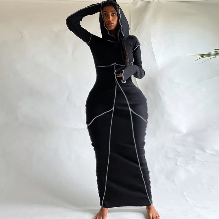 Casual Hooded Collar Solid Ladies Long Sleeve Maxi Dresses Fashion Fall 2021 Women Clothes Hoodie Dress