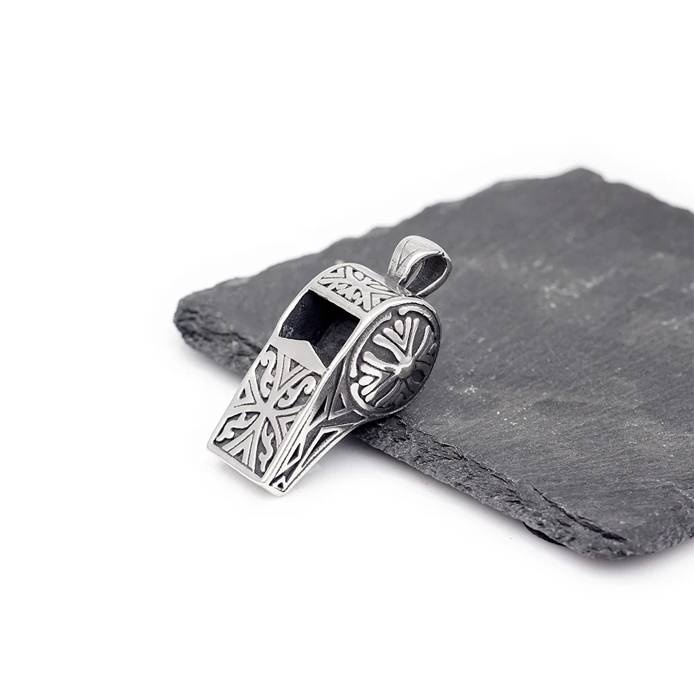 Supertextural Exquisitely Carved Masculinity Pendant With Box Chain Non Tarnish Silver Stainless Steel Whistle Men Necklace
