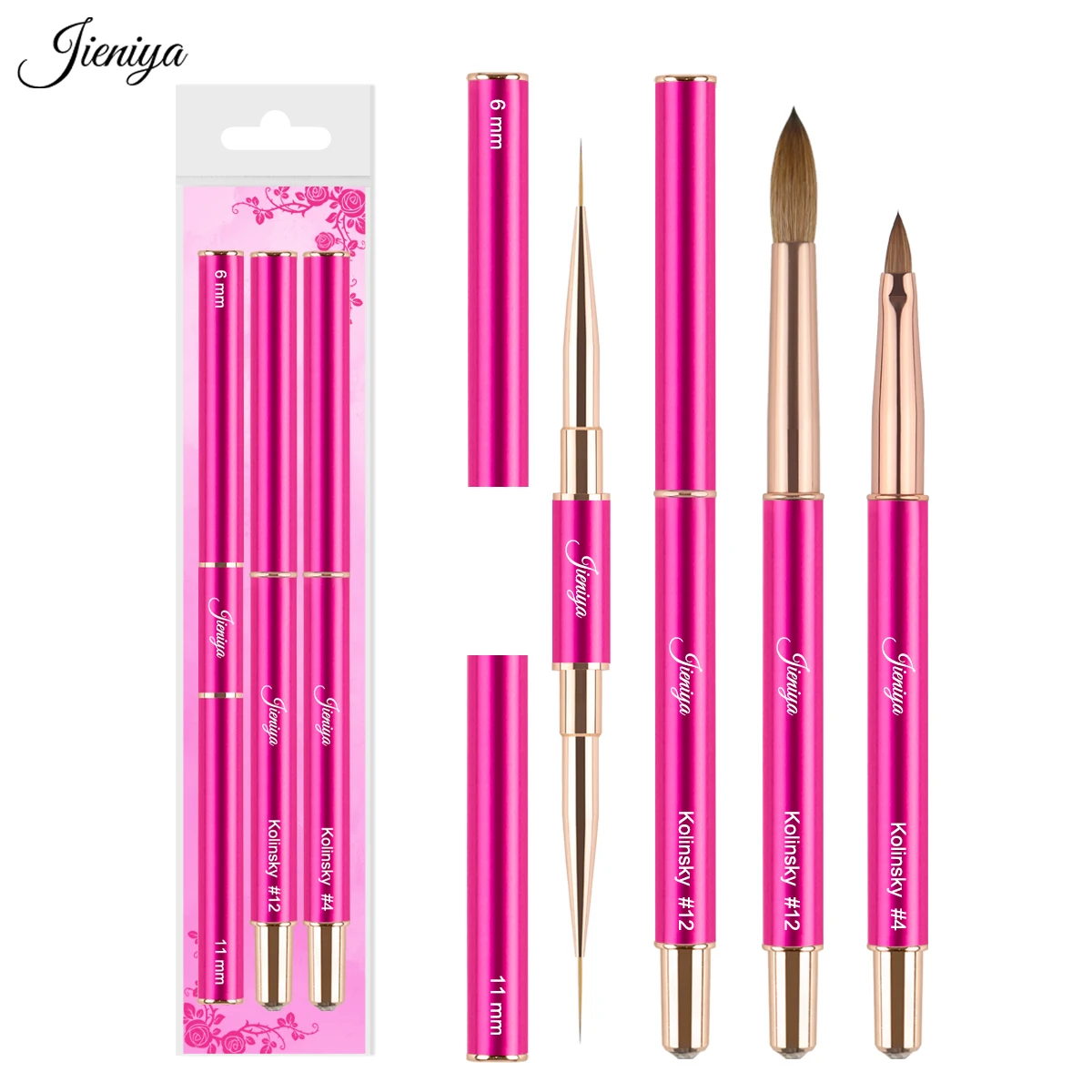 Customized LOGO Kolinsky And Nylon Pink Metal Handle 3D Nail Art Brush Set Painting UV Gel Nail At Liner Brush acrylic brush
