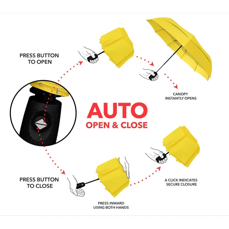 Waterproof Dries Instantly Lightweight Double Vented Canopy Factory Air Vented Double Layer Three Foldable Umbrella