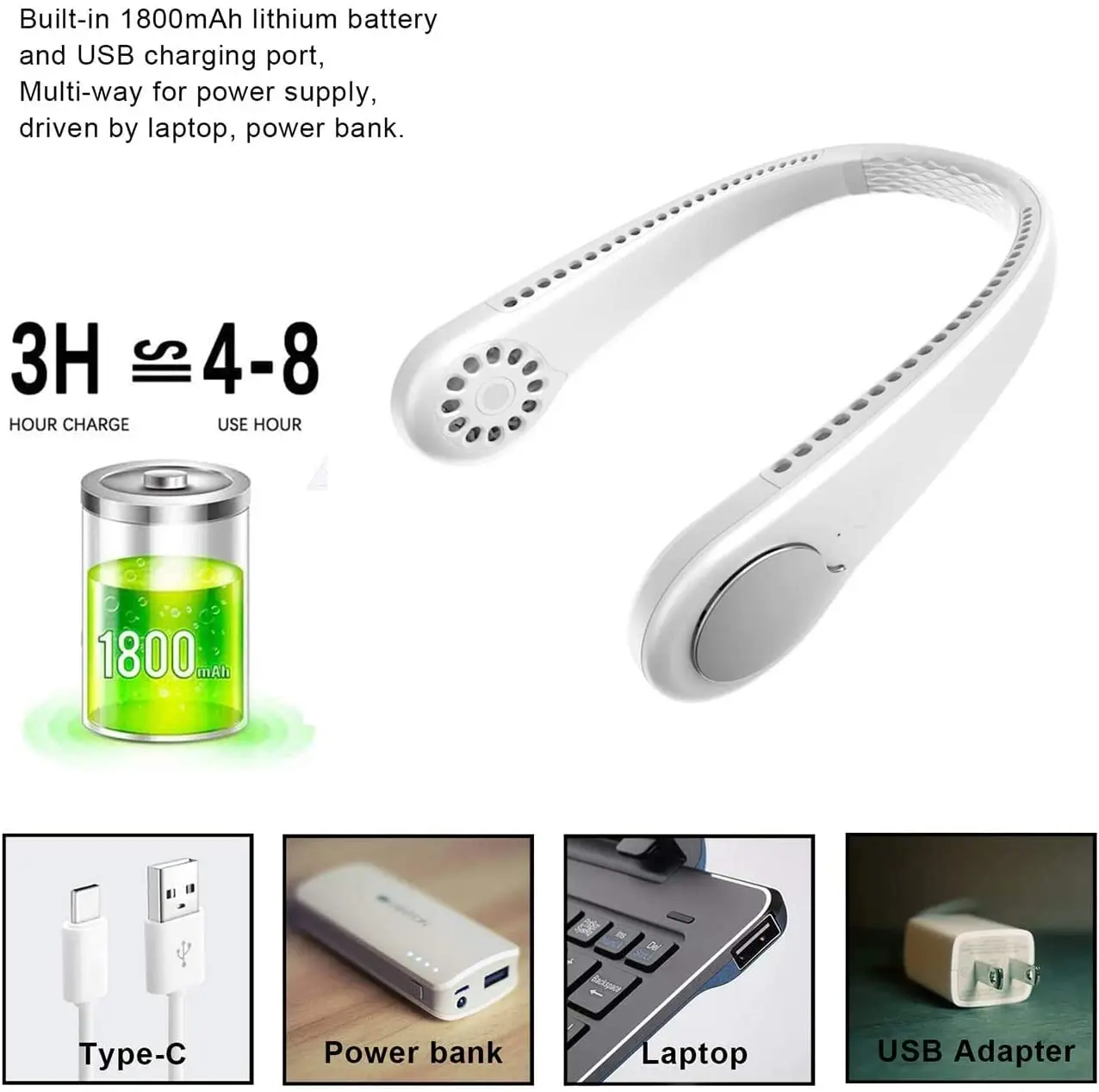 
2021 Hand Free 2000 mAh 3-Speed 6-Hour Battery Life Wearable Bladeless Fan Portable Mute M6 Neck Fan 