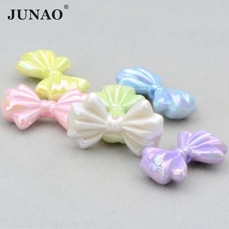 JUNAO Top Quality Colorful Bowknot Cabochon Headwear Jewelry 100pcs Resin Bow Beads Necklace Sewing Beads Wholesale For Children