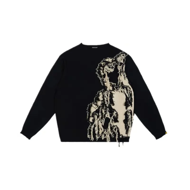 Wholesale custom crew neck 100% cotton knitted luxury jacquard knit tassel tapestry sweater for men custom