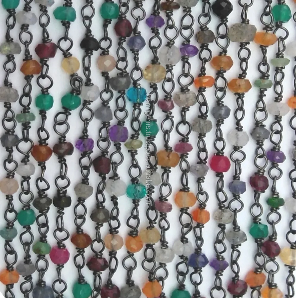 Multi Dyed Ruby Emerald  Sapphire Gemstone 925 Sterling Silver Wire Wrapped Rosary chain