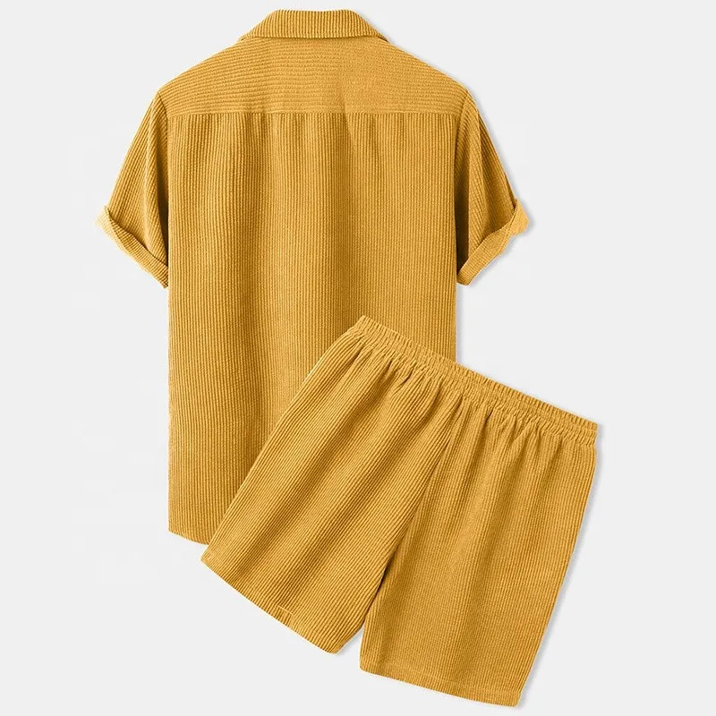 Wear Solid Mens Corduroy Shirts Shorts Set Mens Two Piece Men Shirt and Shorts OEM Custom Summer Knitted Fabric Casual Printed