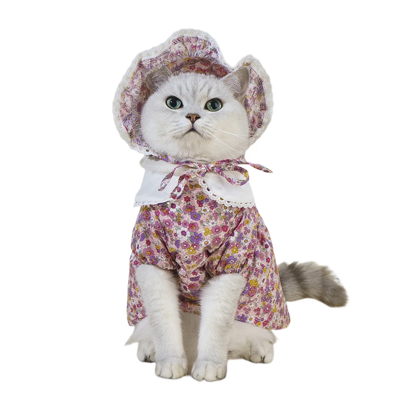 New Arrival Custom Pet Clothes for Cats Summer Floral Skirt and Hat Princess Style Lace Dresses for Dogs
