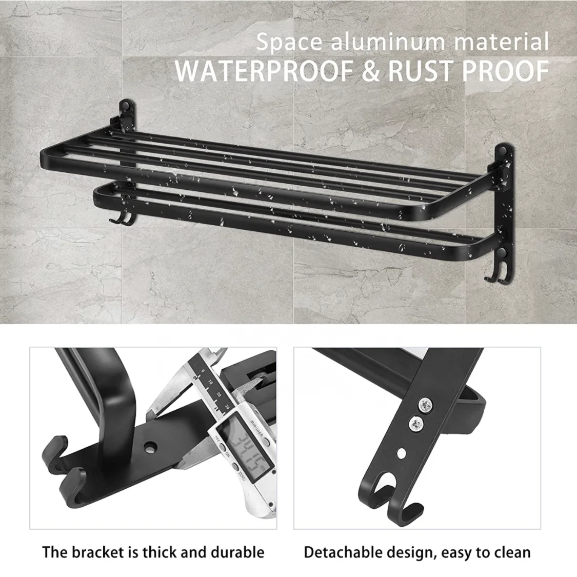 Wholesale Oem Factory Matte Black Aluminum Bathroom Rack Free Punch Towel Bar With Hook Foldable Towel Racks