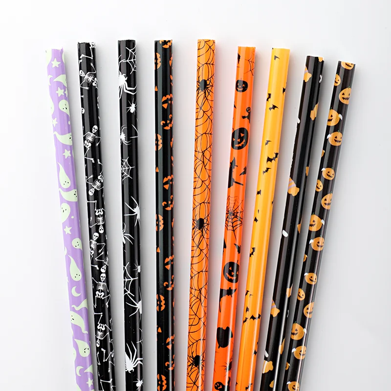 Reusable pp hard plastic Halloween printing straw,  Eco-friendly printed Halloween straws with ghost & spider designs