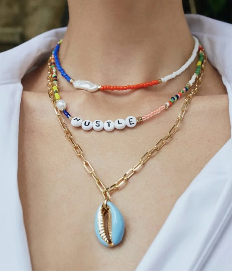 Boho красочные риса стеклянные бусины ожерелье в богемном стиле из нержавеющей стали, покрытой 18K позолоченный корпус в стиле барокко настоящая пресной воды Жемчужное ожерелье