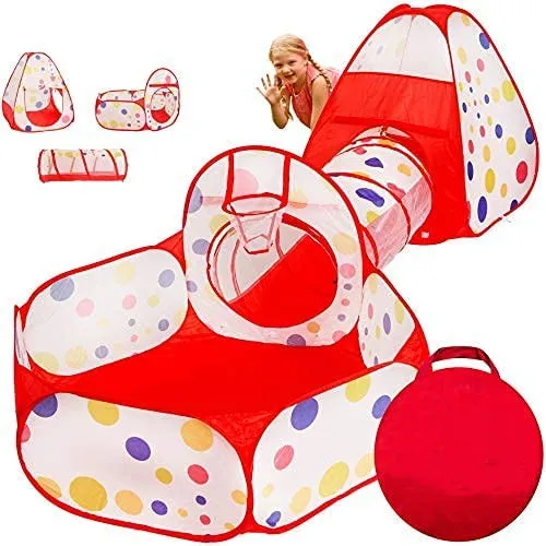 Children Play Tent With Crawl Tunnel and Ball Pit with Basketball Hoop Durable Pop Up Playhouse Tent for Kids