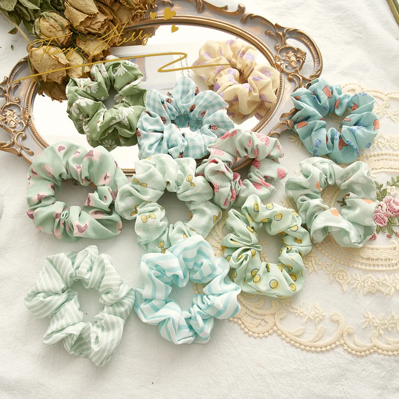 Tracy & Herry Popular Green Series Candy Color Polka Dot Striped Chiffon Hair Scrunchies High Quality Ornament Elastic Hair