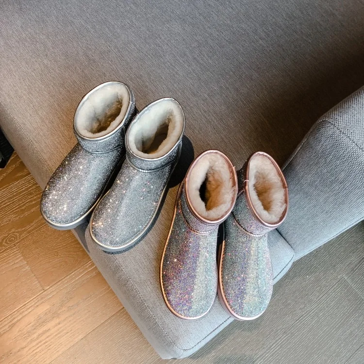 2024 women fashion comfortable winter warm sheep fur bling bling rhinestone snow boot