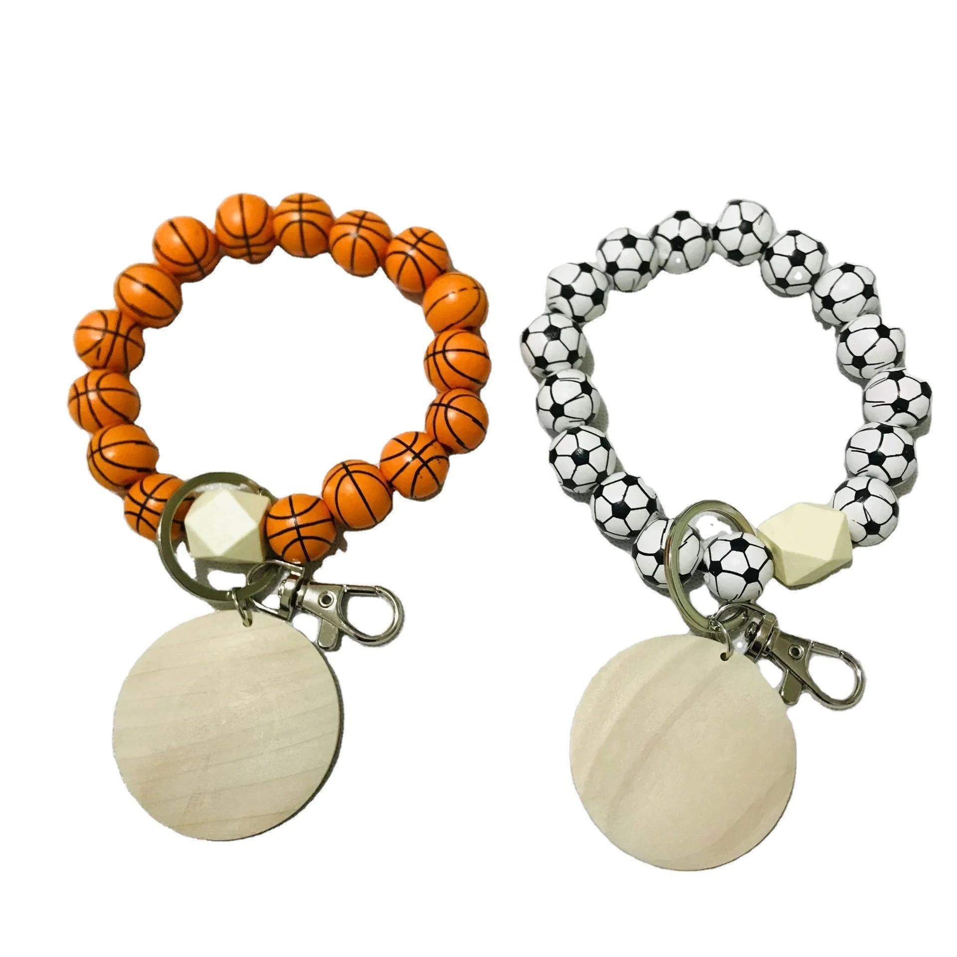 New Basketball Football Print Key Ring Wristlet Keychain Bracelet Wooden Beaded Blank Wood Disc Car Keys Ring for Women