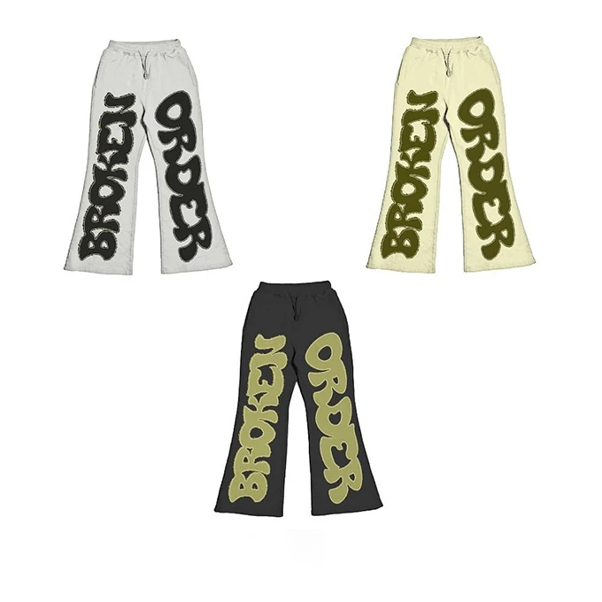 Wholesale custom clothing acid washed casual mens vintage fabric embroidered patch pants jogger cut and sew men sweatpants