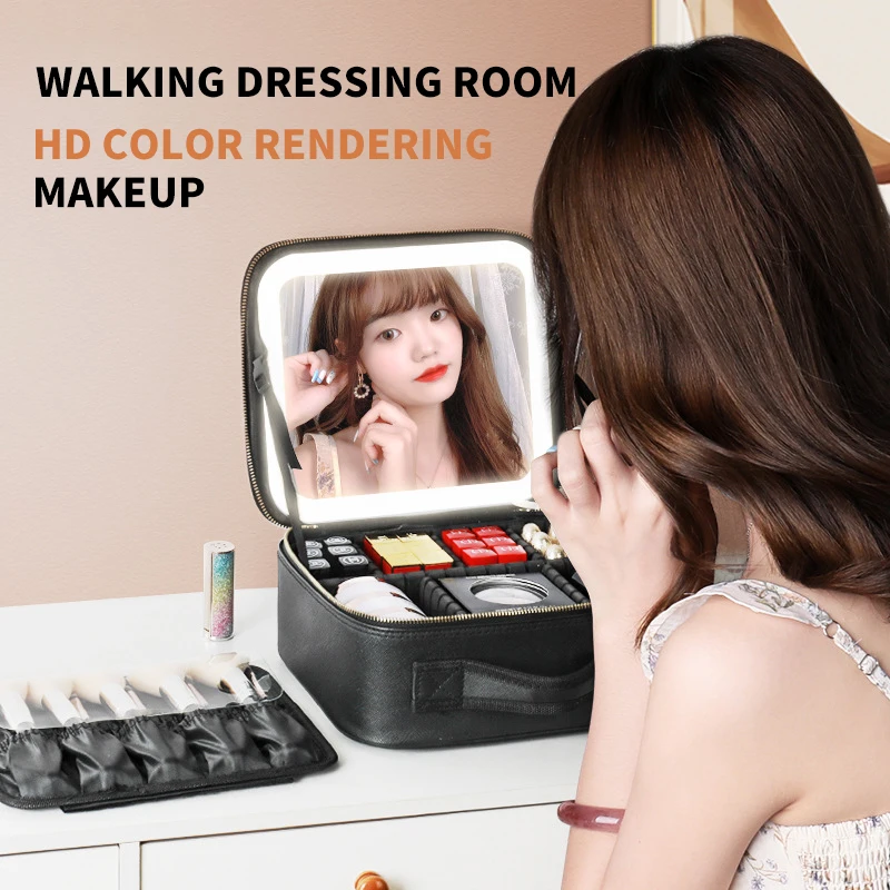 2022 new large capacity desktop cosmetic storage box waterproof leather travel portable makeup bag case with LED light mirror