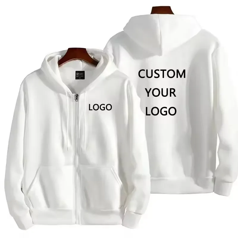 Custom Logo Embroidery Print Men Women With Zipper Jacket Coat Hooded Hoods Sweatshirt Long-Sleeved Pullover Solid Color Hoodie
