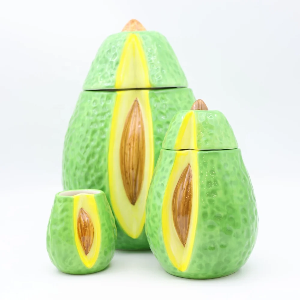 Custom handmade kitchen decorative centrepiece fruit themed green canister jars set ceramic avocado food storage jar with lid