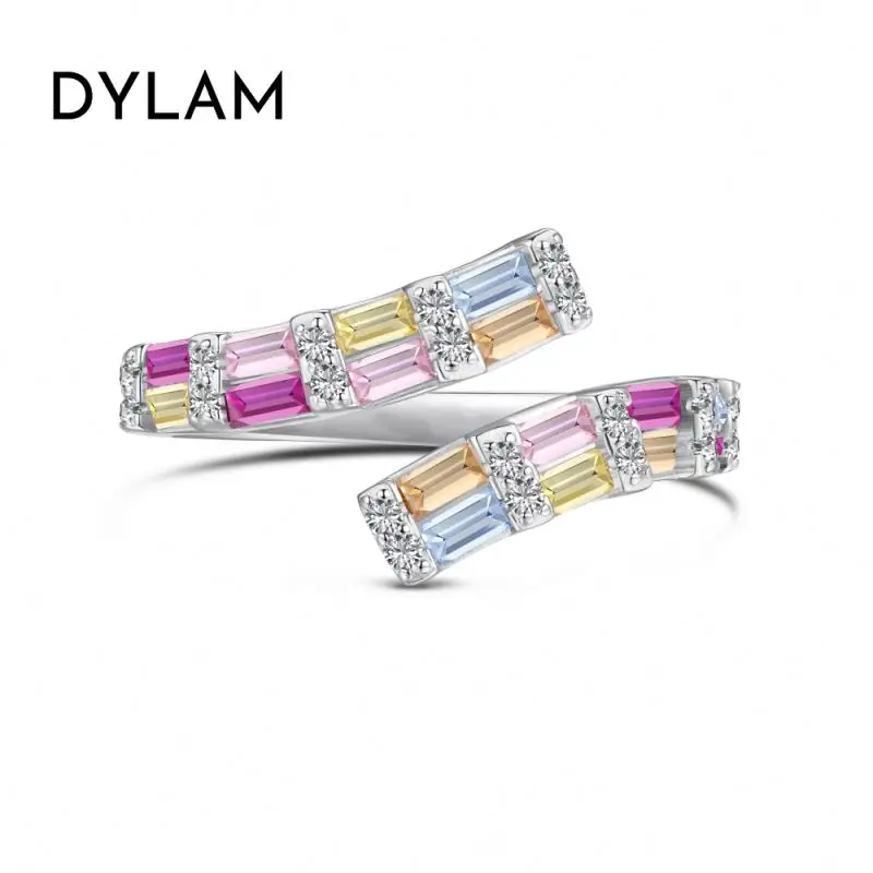 Dylam S925 Sterling Silver Square Zirconium Colorful Rectangle Pink Cz Stone Set Delicate Open Adjustable Rings Jewelry Women