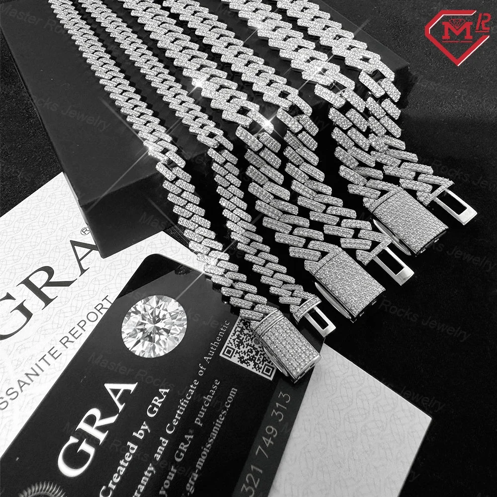 Stock Moissanite Cuban Chain 10mm 15mm 18mm 925 Silver Hiphop Iced Out Moissanite Cuban Link Chain