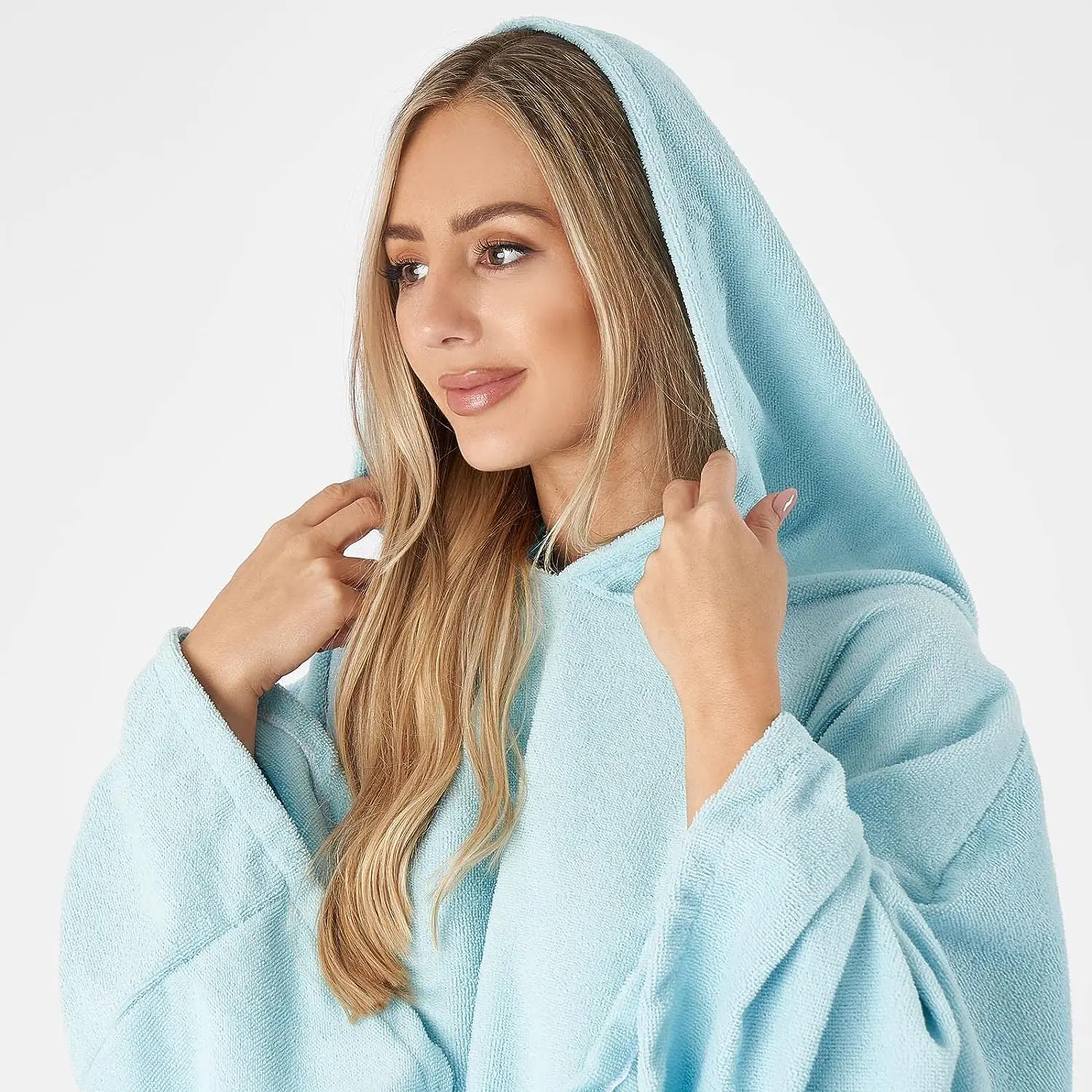 Swim towel Poncho Adult Hooded Large Bath Swim Surf Beach Absorbent Dry Microfiber Changing Robe for Men Boys Quick Dry Sky Blue