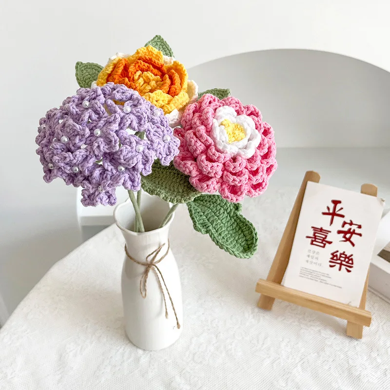 Crochet Lotus Flower Arrangement Desktop Art Ornaments Party Home Decoration Wool Knitting Eternal Flower