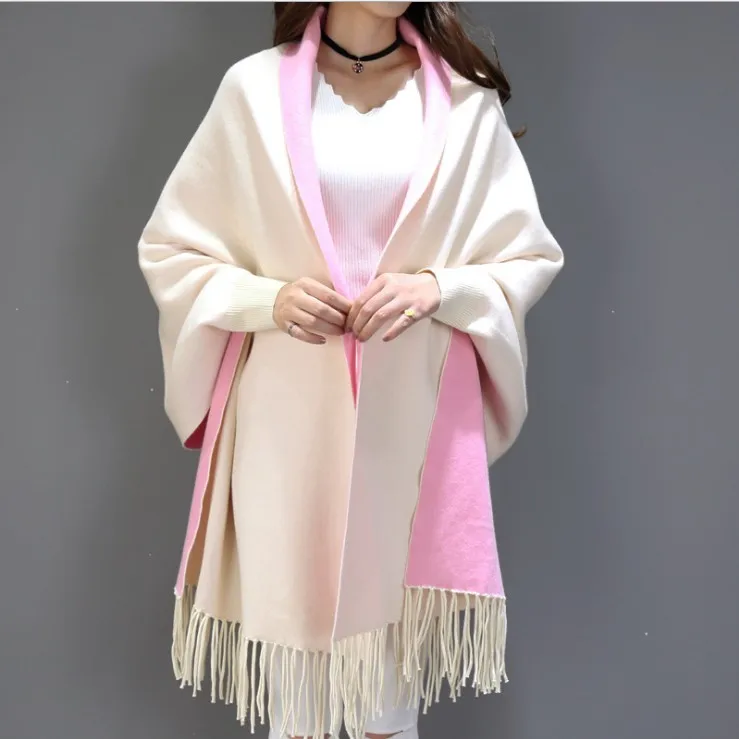 
Hot Sale Soild Color Pashmina Cashmere Shawls Tassel Scarf Cape Wraps Shawls With Sleeves 