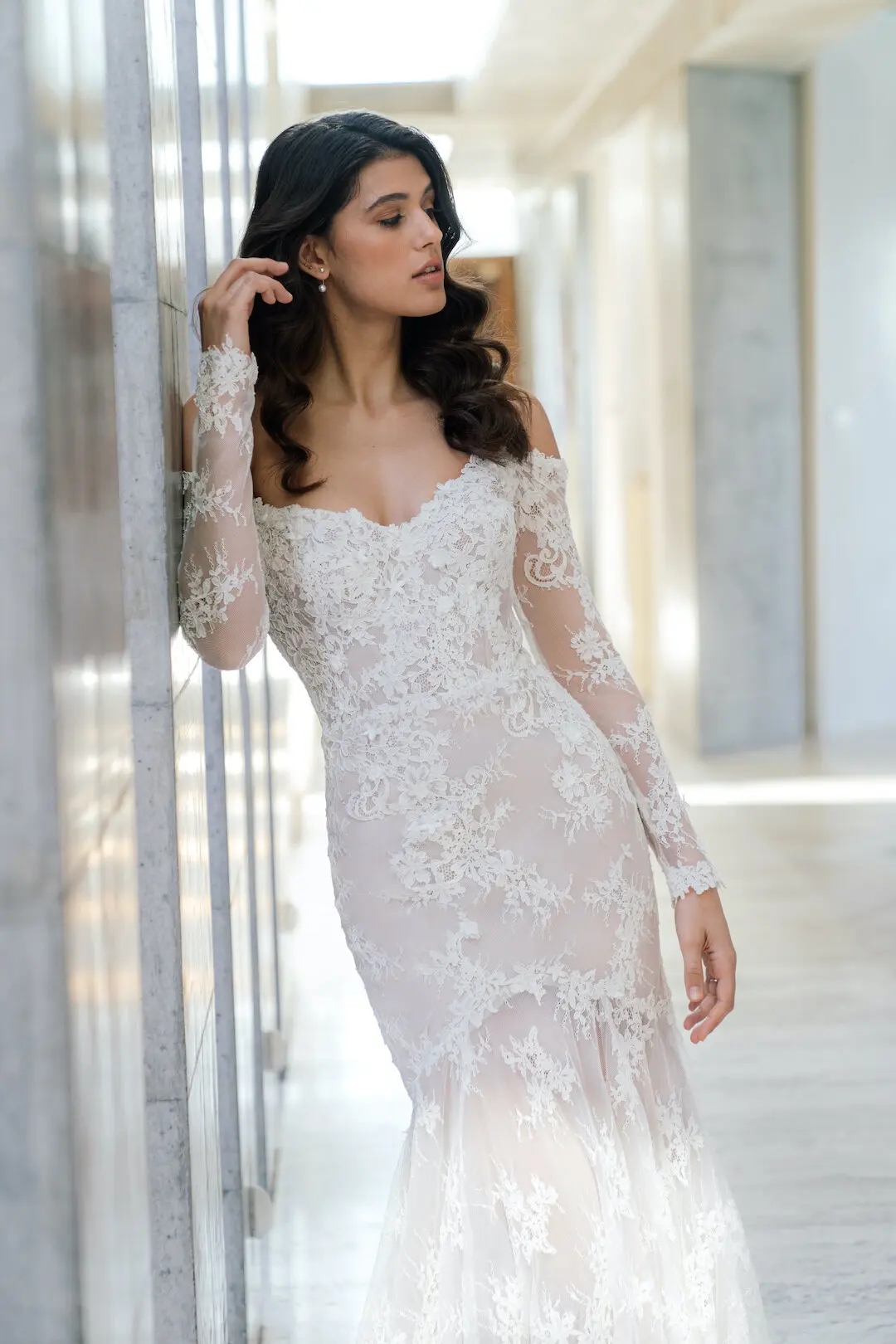 Grace low open back off-the-shoulder long sleeves mermaid wedding dresses for women with handmade silk flowers