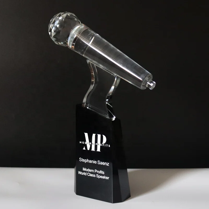 Custom Engraved Singing Trophy Award Personalized Crystal Glass Microphone Trophy For Music Souvenirs