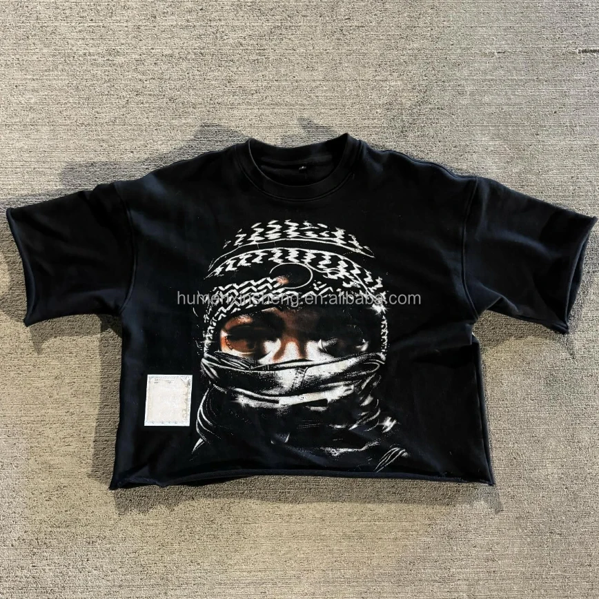 Hip hop custom oversized distress cropped boxy tshirt vintage acid wash heavyweight cotton cut and sew graphic t shirts for men