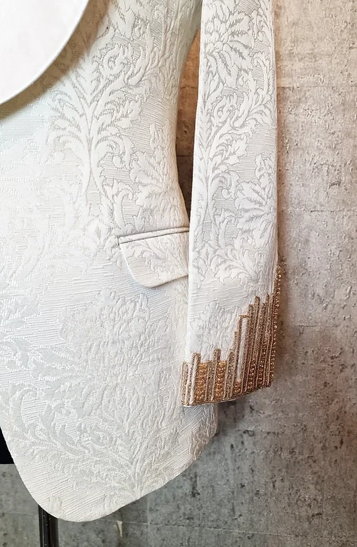 Floral Jacquard Tuxedo Suits For Men Wedding Slim Fit Hand Embroidered White Ivory Damask Jacquard Jacket
