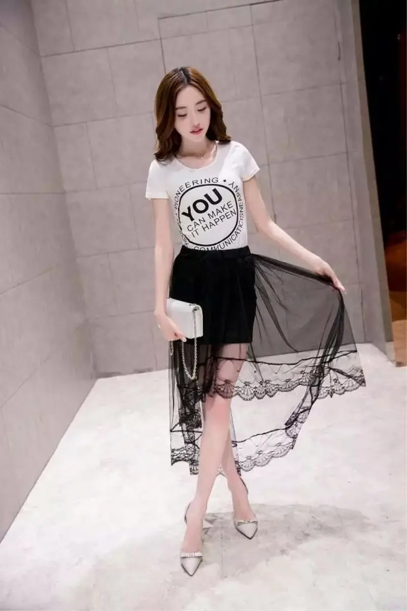 Women Black & White Sexy Lace Tulle Skirts Fashion Asymmetrical Jupe Skirts Summer Maxi Skirt