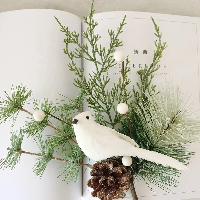 Artificial tree branch for Christmas decoration pine needle pick with artificial white bird and pine cone Christmas tree picks