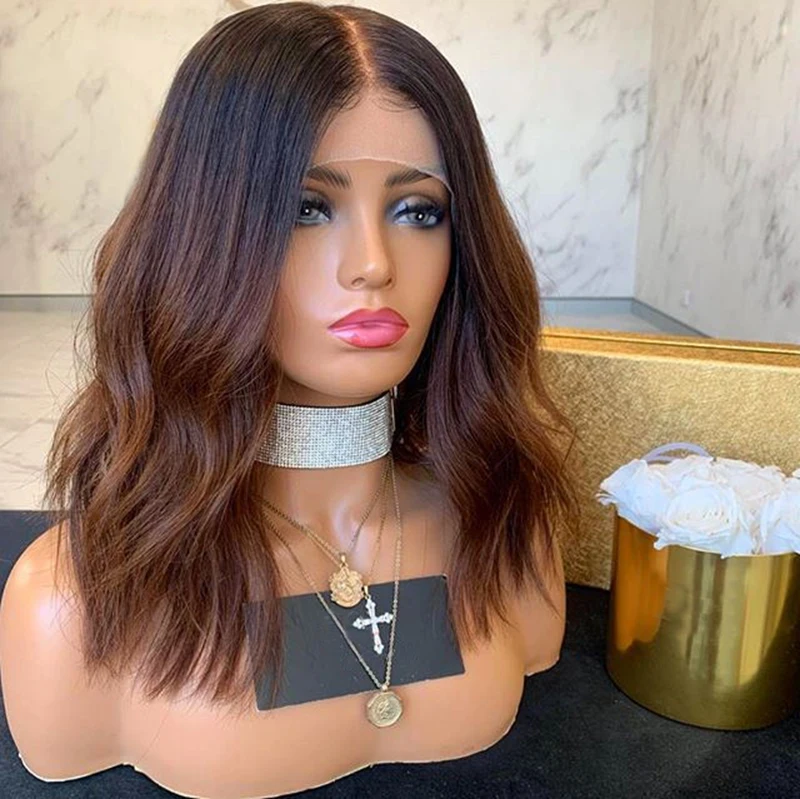 
Ombre Brown Lace Front Wigs Human Hair Pre Plucked Brazilian Virgin Hair Wavy Wigs for Woman 