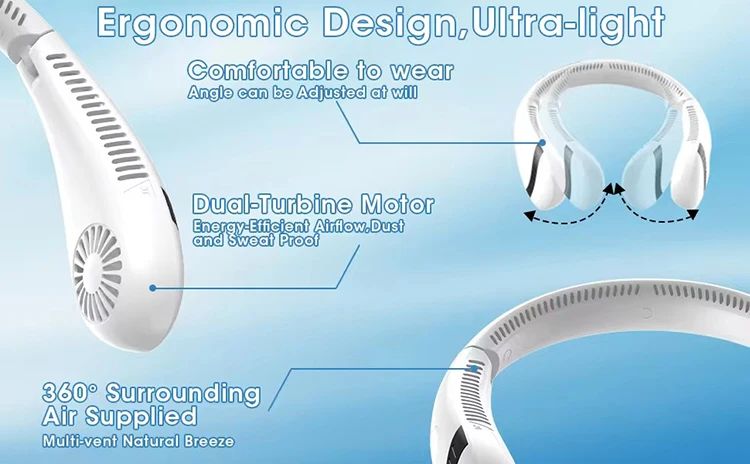 2024 Лидер продаж новый немой перезаряжаемый H12 шейный вентилятор со светодиодной подсветкой Открытый спортивный воздушный охлаждающий носимый