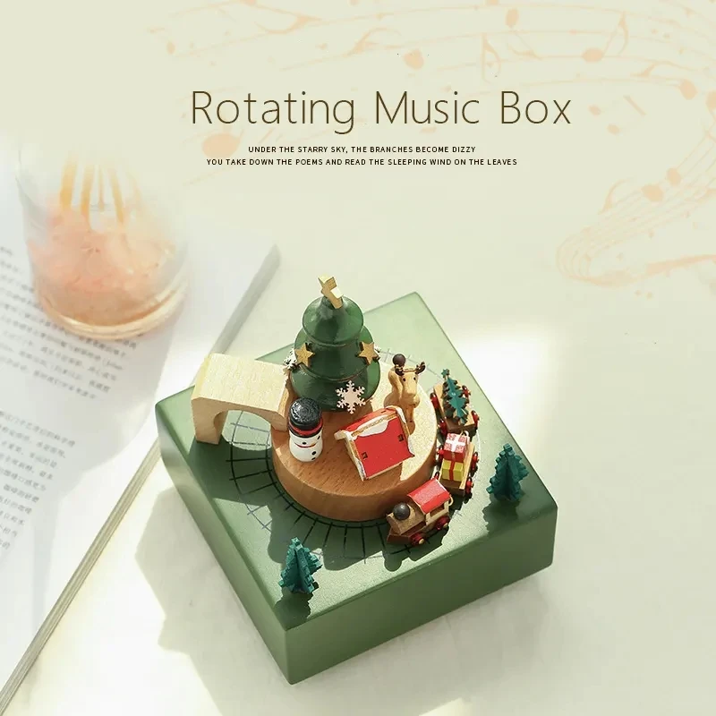 Christmas Train Ornaments Wooden Rotating Music Boxes Gifts