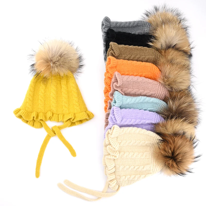 KAZUFUR Raccoon Fur Pom Poms Knitted Hats For Baby Kids Baby Girls Boys Beanie Hat With Fur Ball Top