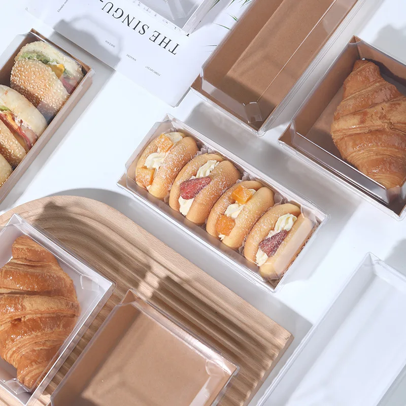 Thick Brown Bakery Boxes Custom Sandwich Box PET Square Paper Plastic Box Food Packaging Container with Plastic Lid