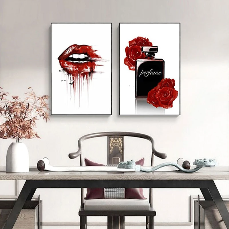 Women Them Amazon Red Lips Perfume Canvas Painting Bed Room Decor Wall Art Inner Frame Paintings