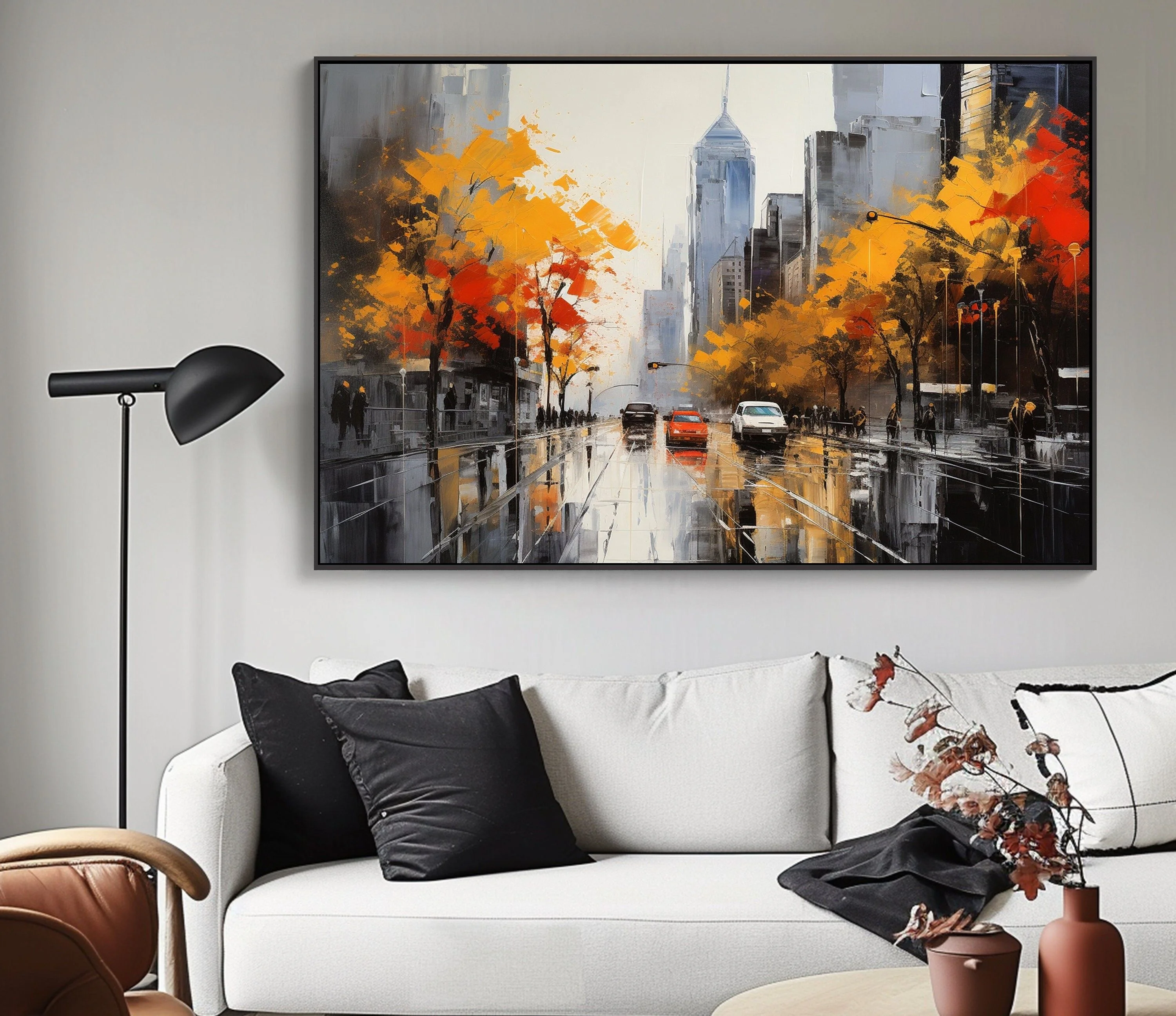 Handpainted City Landscape Abstract Oil Painting on Canvas Thick Texture Home Decor Wall Art Picture with Frame