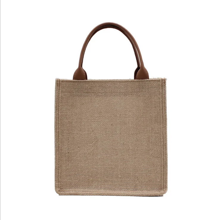 Hot Sale New Arrival Fashion Jute Tote Bag Jute Bag with Leather Handle Linen Shopping Bag