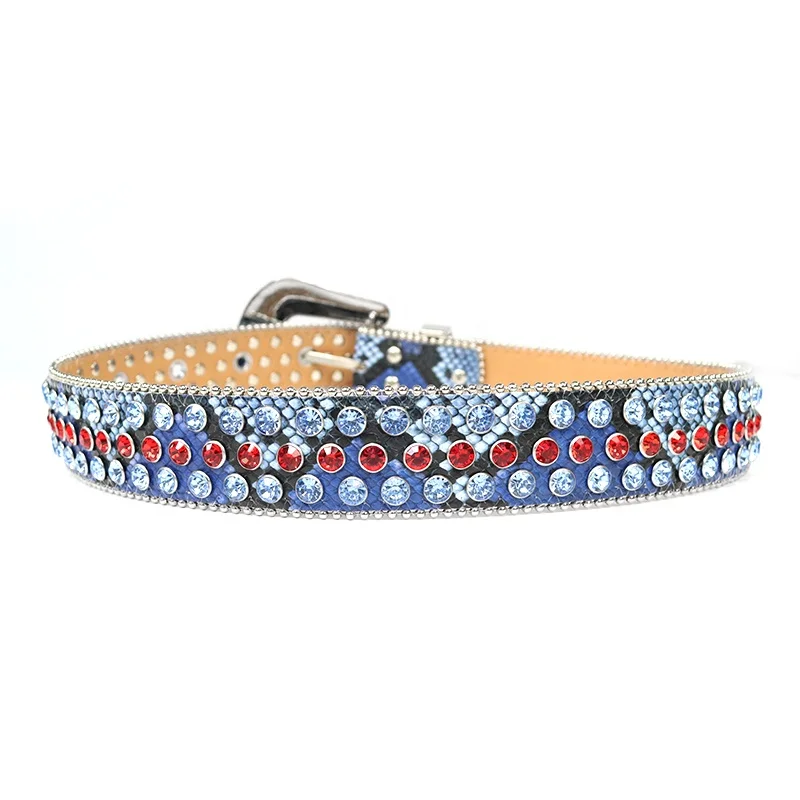New Western Bling Bling Snake Skin Leather Rhinestone Belts Fashion Men Shiny Blue&Red Diamond Crystal Waist Belt Vendor