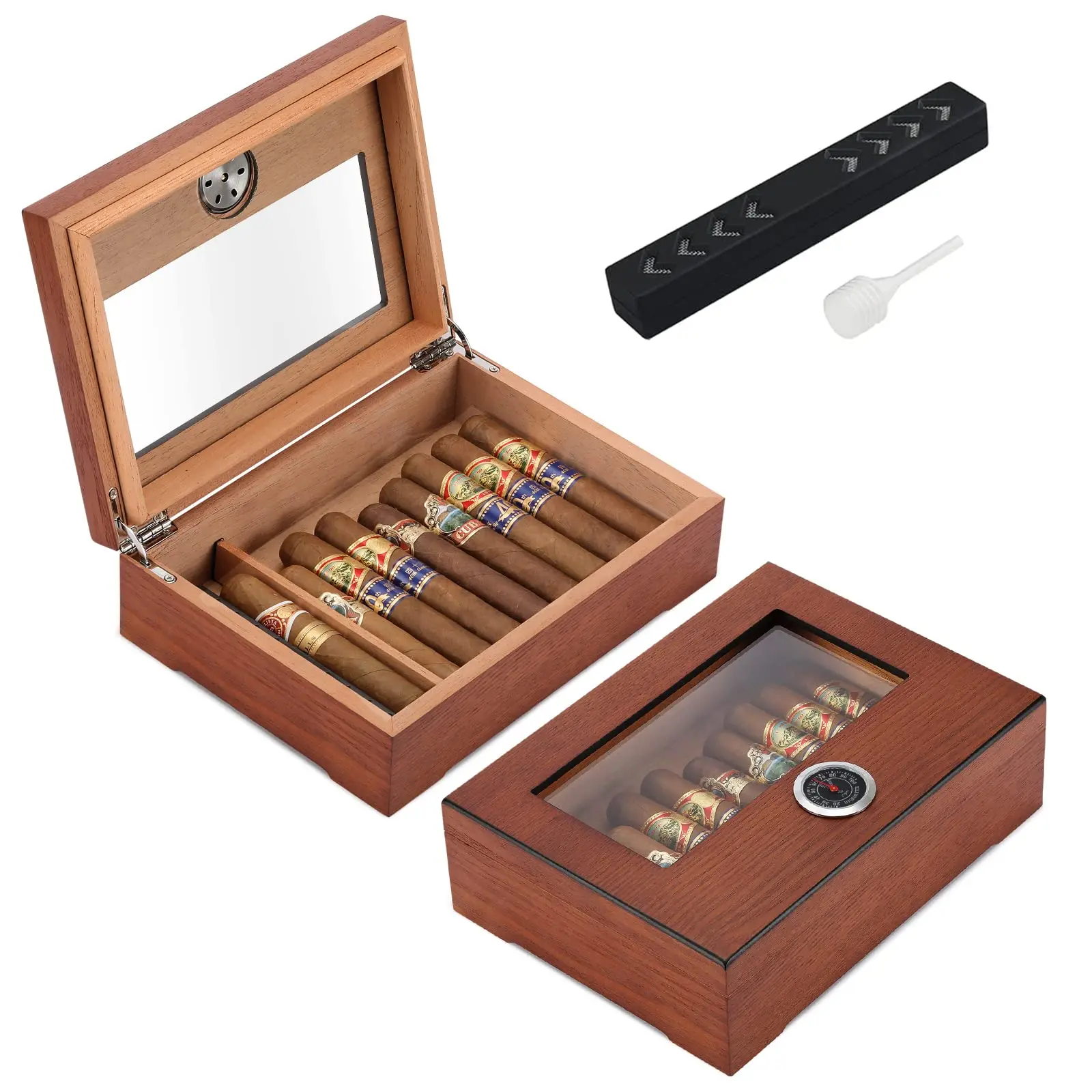 Cigar Humidor Glass Top Cigar Box with Hygrometer Humidifier and Divider Desktop Cedar Wood Storage Case Holds