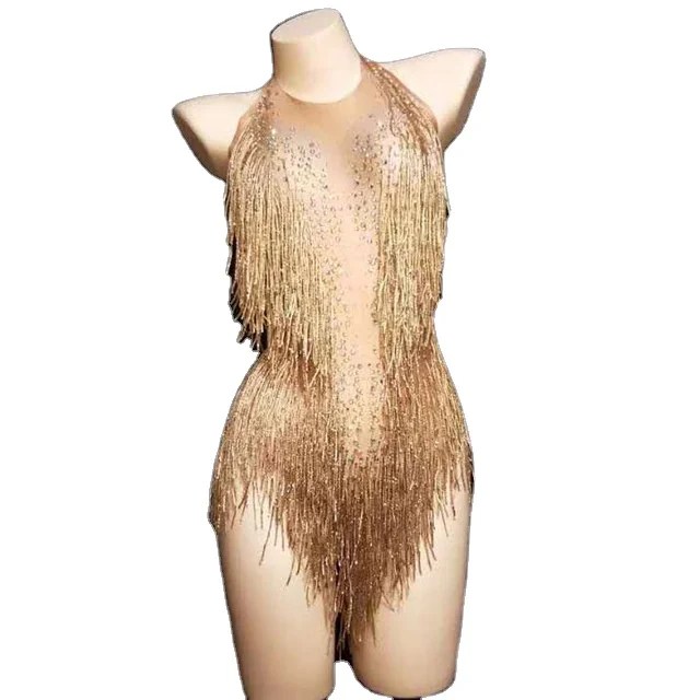 Мигающий золотого цвета со стразами и кисточками, спандекс, облегающий костюм для женщин для вечеринки в честь Дня Рождения сценический костюм наряд для танцев в ночном клубе одежда для шоу