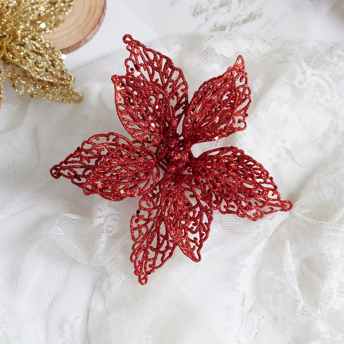 Wholesale Christmas Flower Glitter Powder Hollow Out Artificial Flower Christmas Decoration Christmas Tree Flowers