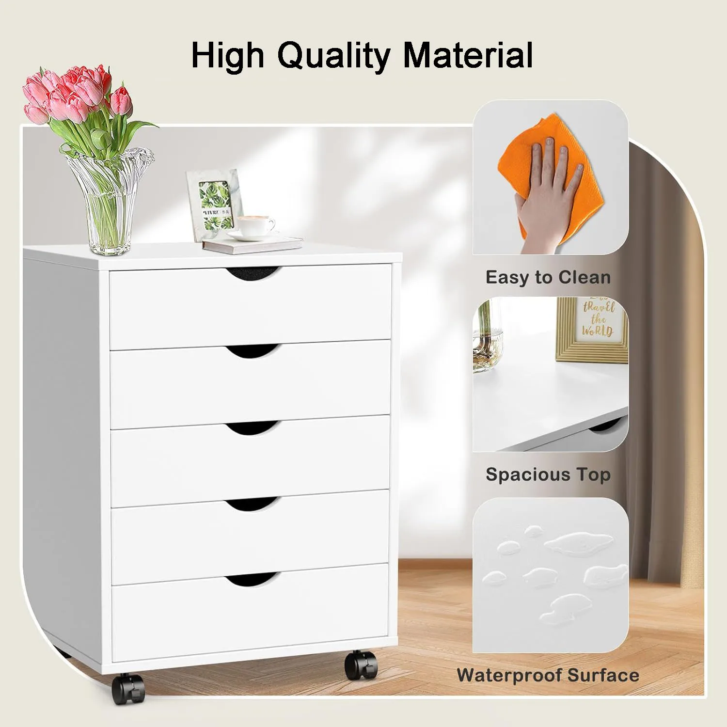 5 Drawers Dressers White Chest of Drawers for Bedroom Mobile Storage Cabinet with Wheels for Home Office Wood