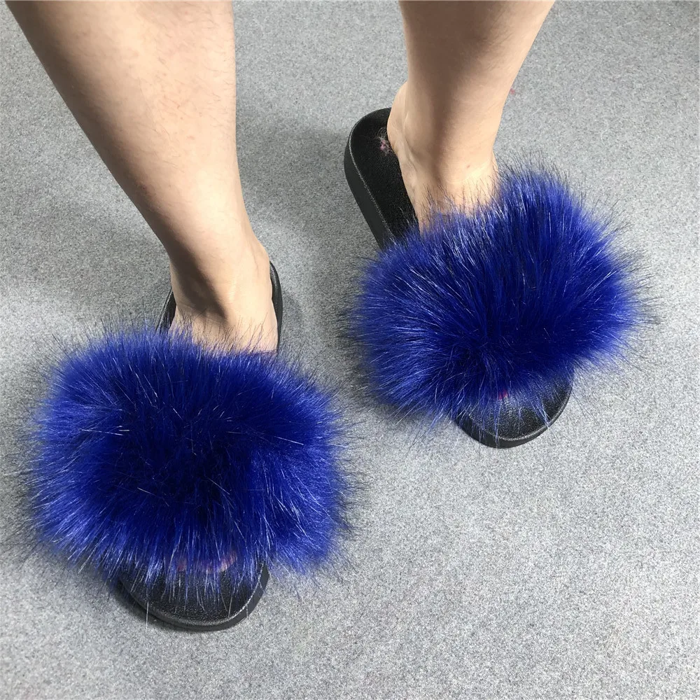 Imitation Fox Fur Slippers Faux Fluffy Plush Slide Custom Summer Women Fashion Fur Slides